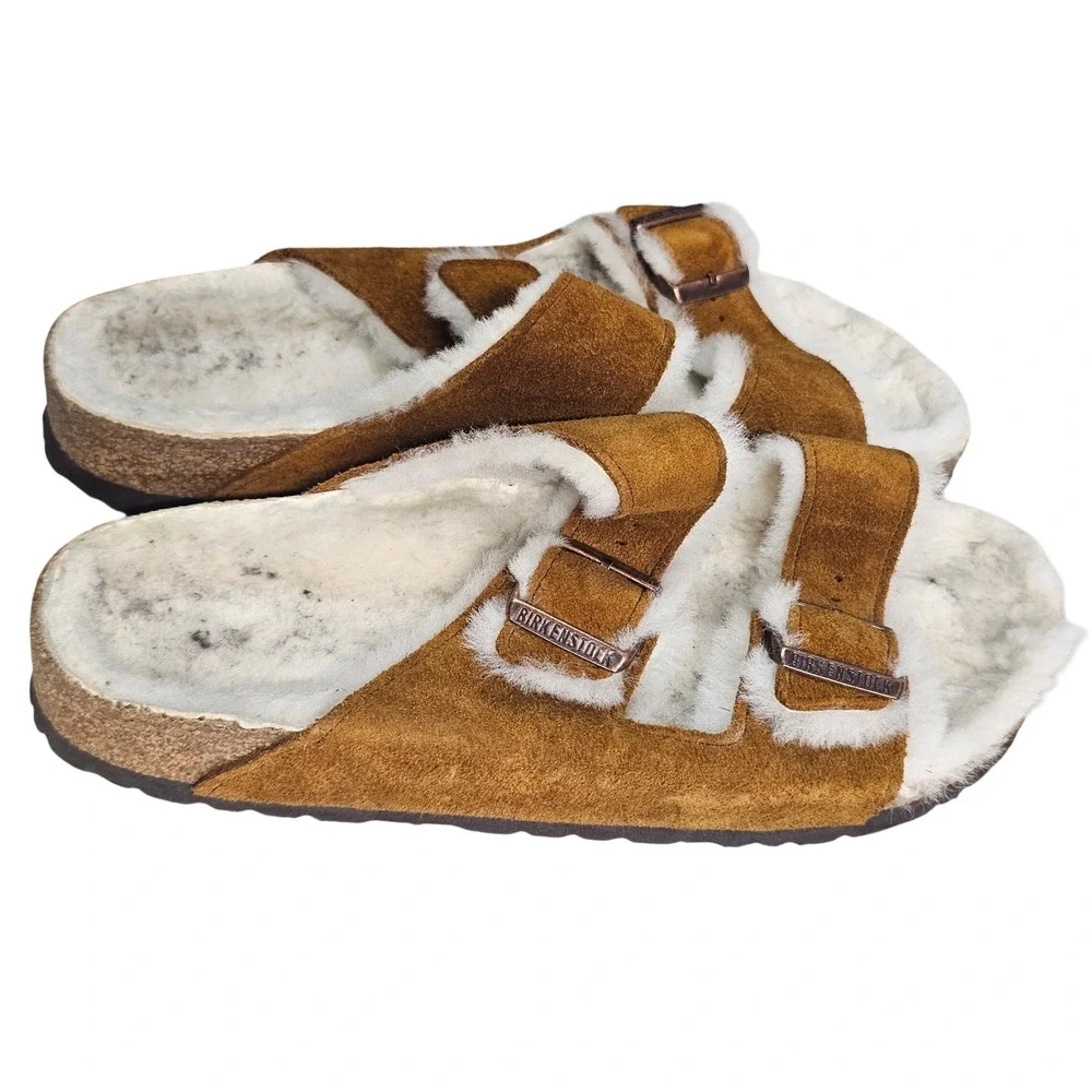 Birkenstock Arizona Shearling Mink Suede Slide Sandals Mens 9 Womens 11 EU 42
